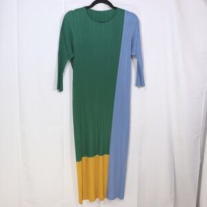 Kelly Obi Pleated Midi‎ Dress Womens OS Green Blue Yellow Colorblock Plisse